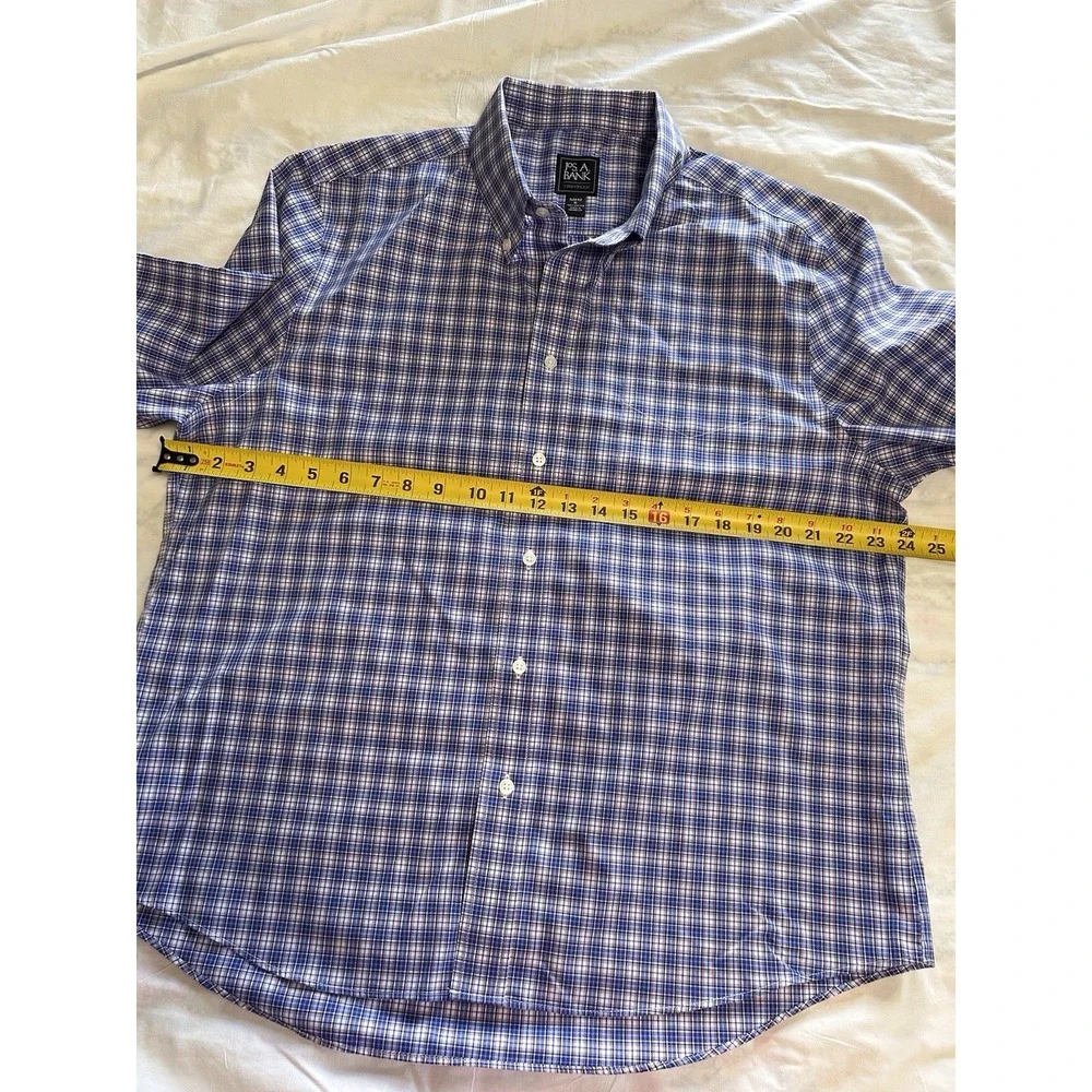 Jos A Bank Traveler  Shirt Mens XL Blue Purple Plaid‎ Slim Fit Dress Button Up